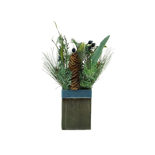 13&#x22; Square Potted Frosted Blueberry &#x26; Pine Artificial Arrangement
